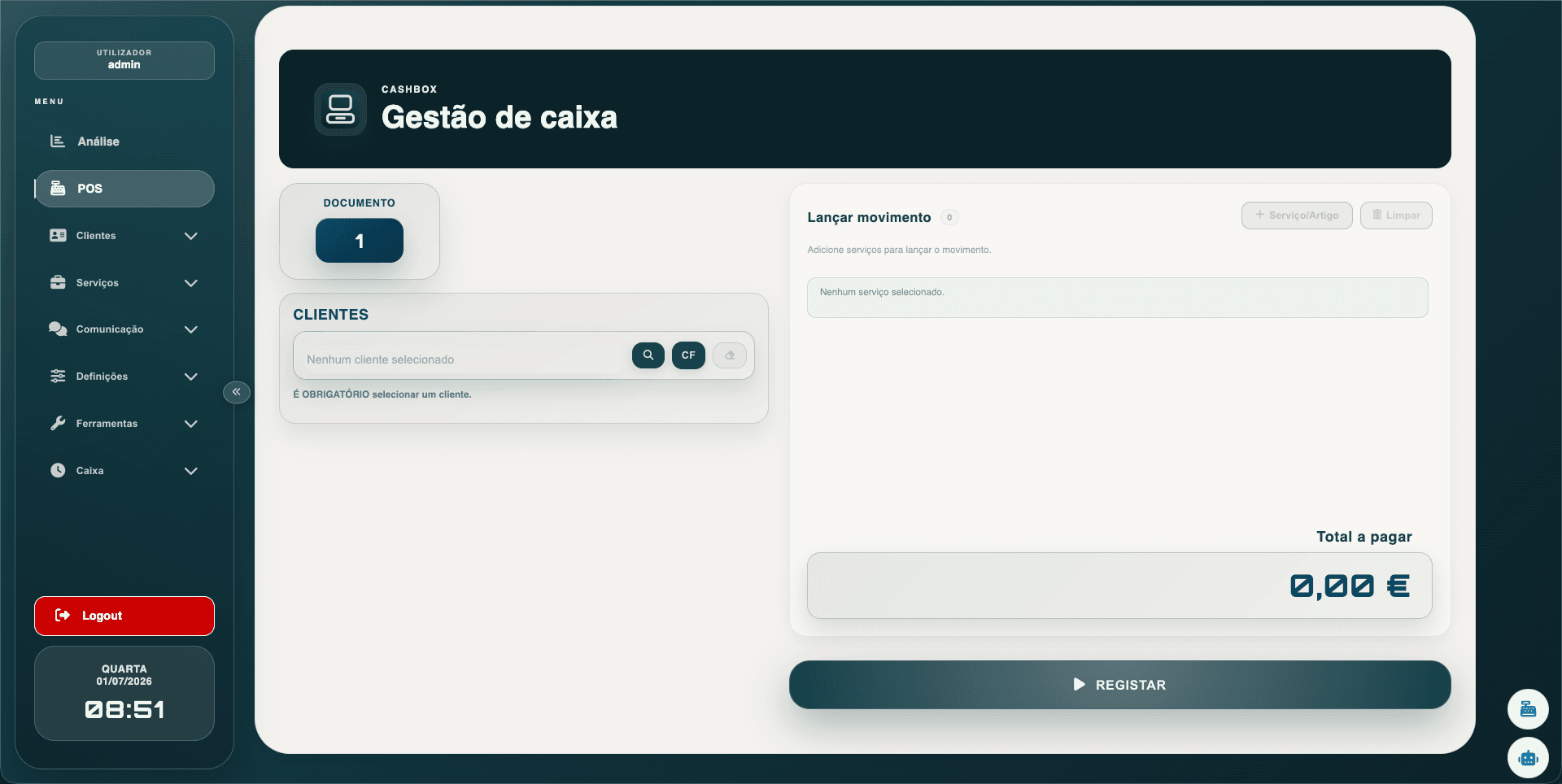 Cashbox application dashboard screenshot