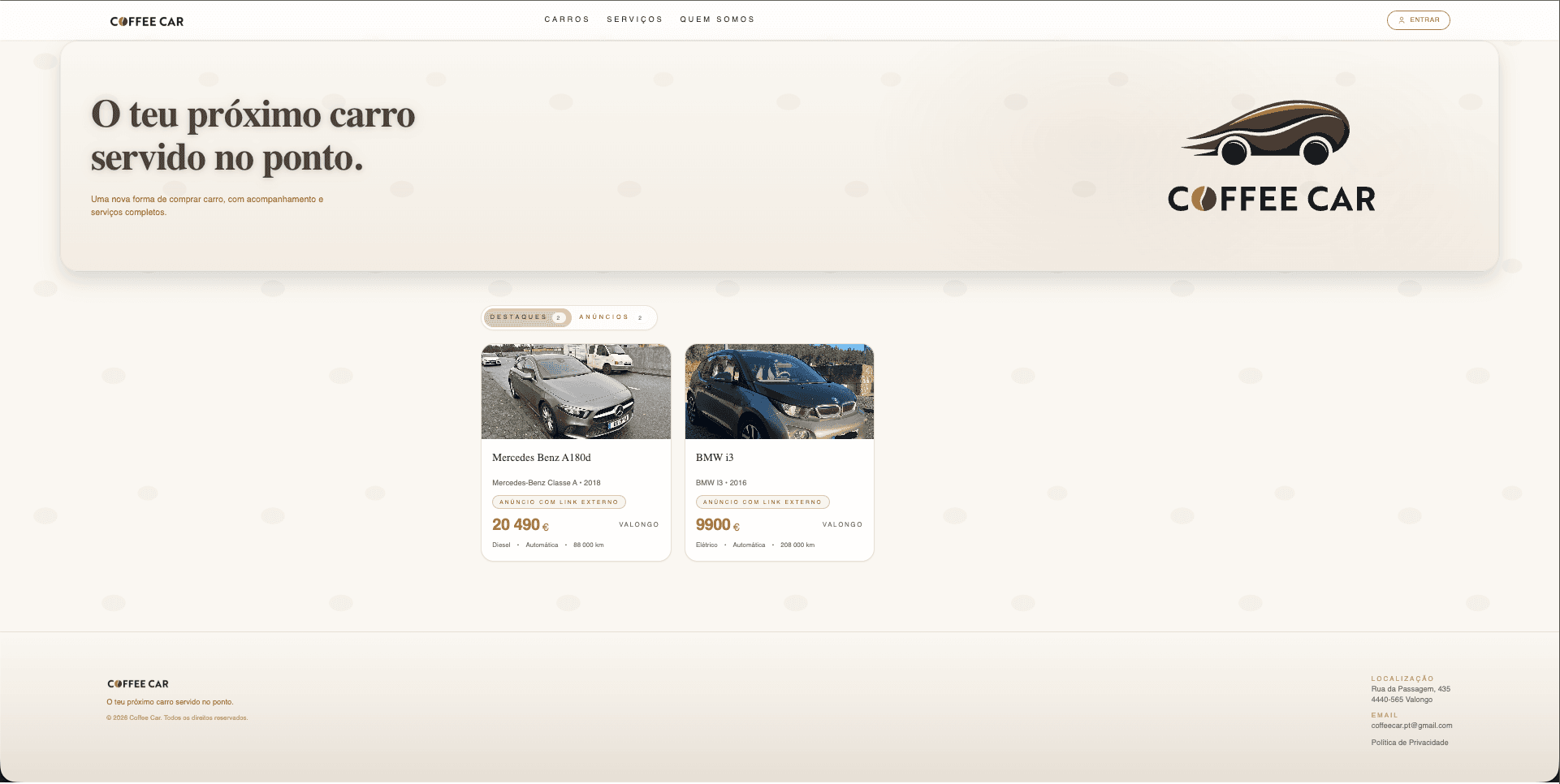 CoffeeCar vehicle marketplace screenshot