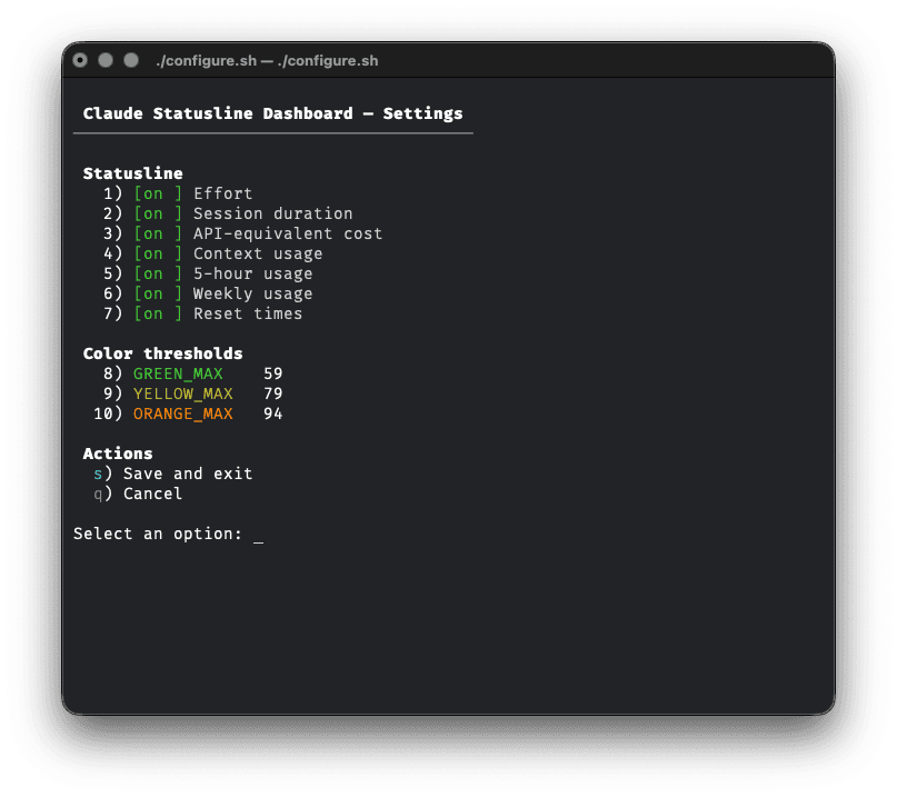 Claude Statusline Dashboard interactive configuration panel