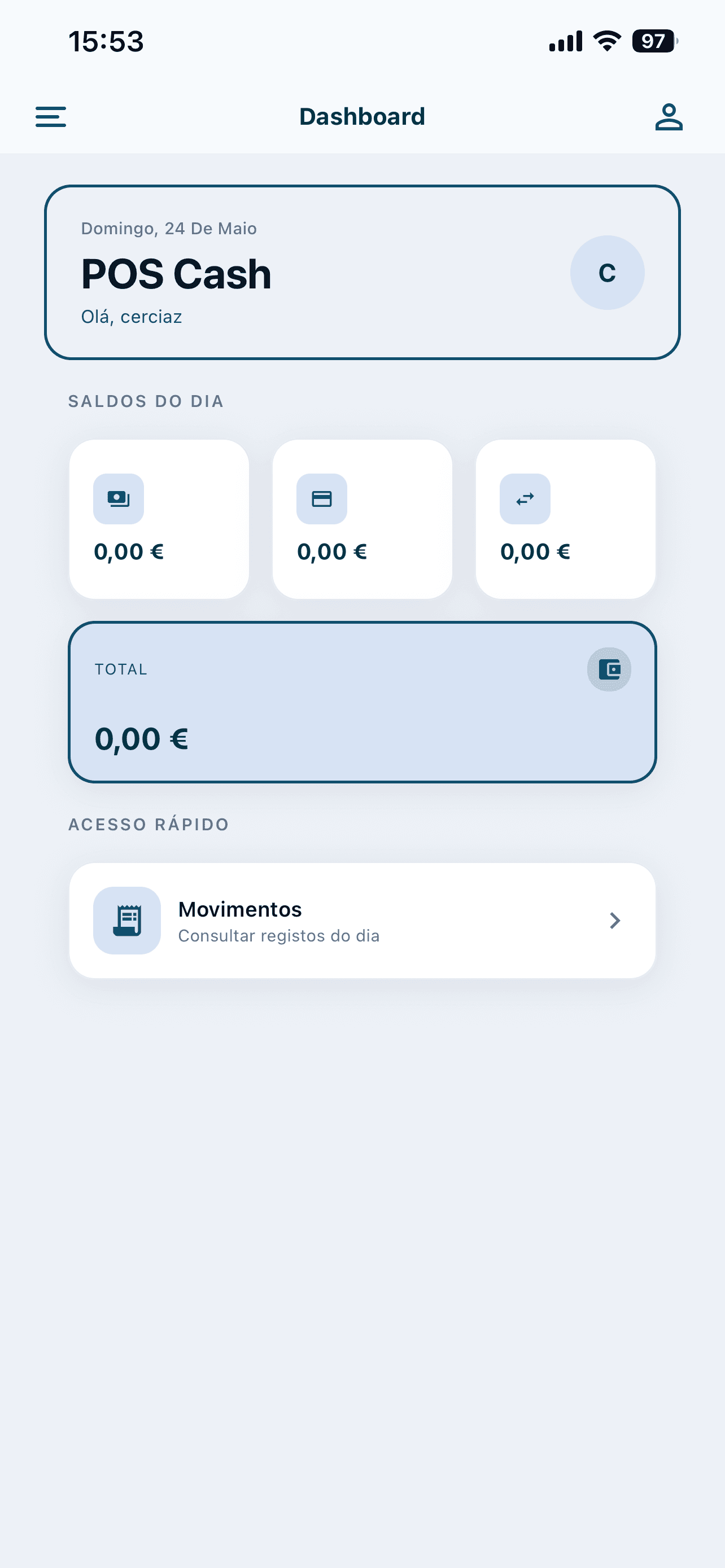 POS Cash Mobile, dashboard overview showing daily balances and movements