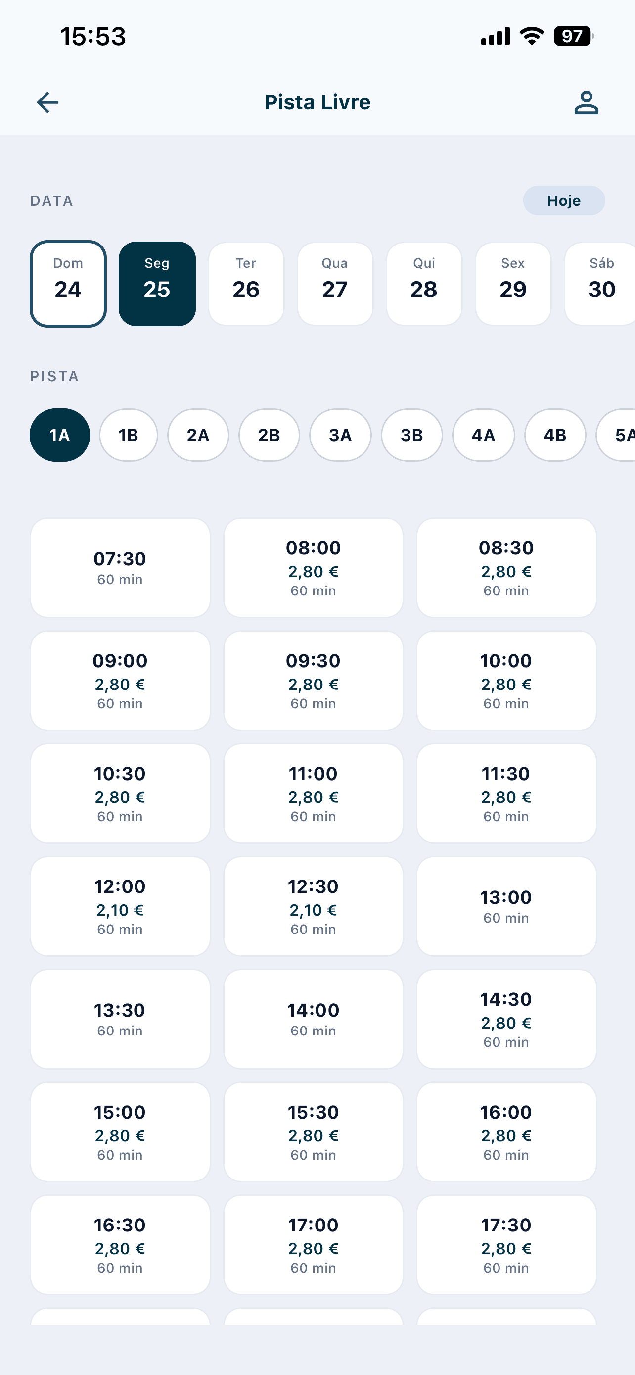 POS Cash Mobile, Pista Livre reservation screen for lane and schedule management